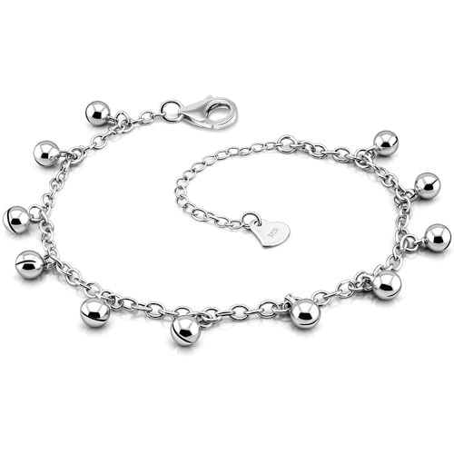 925 Sterling Silver Adjustable Bell Anklet, Dual-purpose anklet/bracelet with Lobster Clasp, Up to 10.5 inches for Women