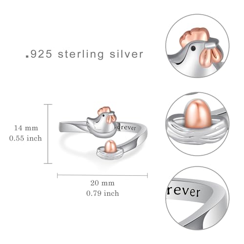 Chicken Ring 925 Sterling Silver Chicken Hen Egg Open Rings Chicken Lover Gifts for Women Animal Adjustable Ring Jewelry for Women - Image 7