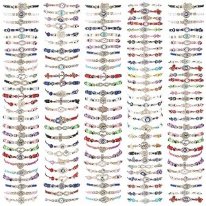 Hestya 150 Pcs Evil Eye Bracelets Mexican Bracelets Pack Luck Eye Charm Hand Braided Rope Anklets Jewelry Gift for Women Christmas Party